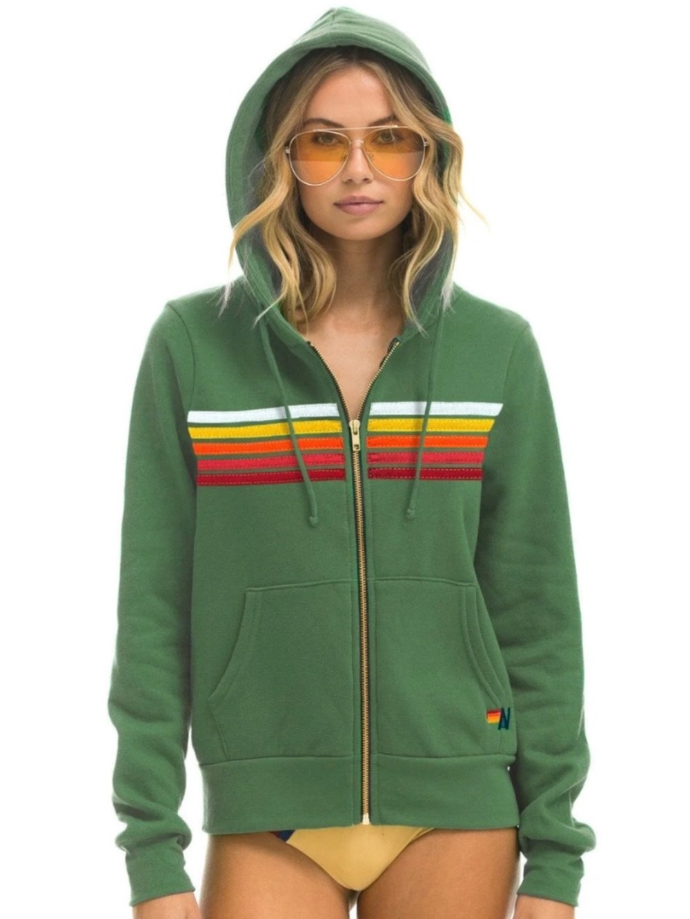 Aviator Nation 5 Stripe Zip Hoodie Palm/Rainbow White XS